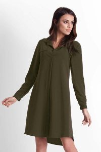 Khaki Rozkloszowana Sukienka Koszulowa z Paskiem. Brązowe sukienki Ivon, xs, bez wzorów, z elastanu, wizytowe, bez kołnierzyka, bez ramiączek, koszulowe. Za 189,90 zł.
