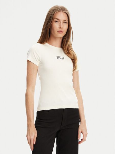 Guess Jeans T-Shirt W5YP37 KA0H1 Écru Slim Fit. T-shirty Guess Jeans, xs, z aplikacjami, z bawełny, bez kołnierzyka, bez ramiączek. Za 79,99 zł.