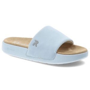 Niebieskie Klapki Rieker Stylowe Płaskie Damskie. Niebieskie klapki Rieker, bez wzorów, bez obcasa, na płaskiej podeszwie. Za 249,00 zł.