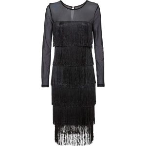 Sukienka midi z przewiewnego siatkowego materiału z frędzlami. Czarne sukienki bonprix, na imprezę, bez wzorów, eleganckie, bez kołnierzyka, bez ramiączek, midi. Za 189,99 zł.