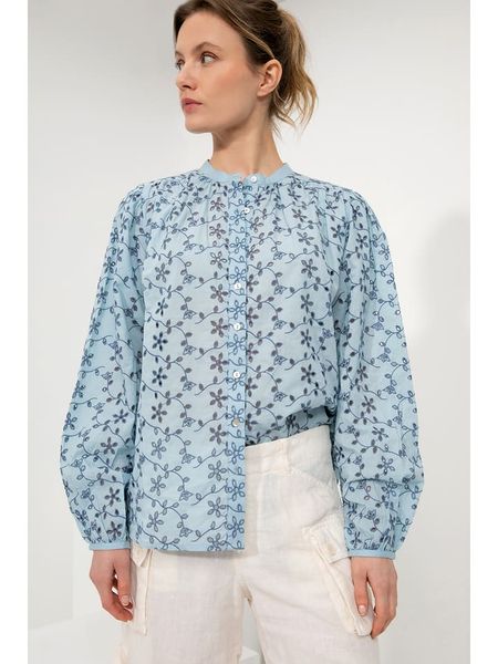 Josephine & Co Bluzka "Gina" w kolorze błękitnym rozmiar: 38. Niebieskie bluzki Josephine & Co, bez wzorów, z bawełny, bez kołnierzyka, bez ramiączek. Za 219,60 zł.