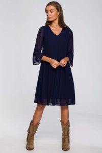 Sukienka wieczorowa szyfonowa z falbanami dekolt V granatowa. Sukienki Stylove, na randkę, l, bez wzorów, z szyfonu, wizytowe, bez kołnierzyka, bez ramiączek, oversize. Za 289,00 zł.