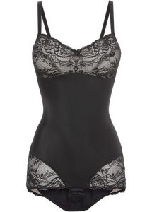 Body modelujące z ozdobnymi elementami, średni stopień modelowania sylwetki. Czarne body i gorsety bonprix, bez wzorów, z koronki. Za 139,99 zł.