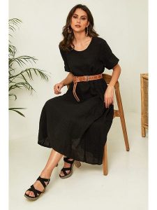 Joséfine Lniana sukienka "Gustav" w kolorze czarnym rozmiar: M. Czarne sukienki Joséfine, m, bez wzorów, ze lnu, bez kołnierzyka, bez ramiączek, midi, rozkloszowane. Za 195,99 zł.