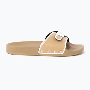 Klapki damskie Scholl Pescura Moon Pu Sp. Brązowe klapki Scholl, bez wzorów, z elastanu, bez obcasa. Za 219,99 zł.