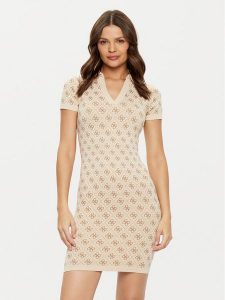Guess Sukienka dzianinowa V5RK02 Z3LF0 Beżowy. Brązowe kombinezony Guess, l, z aplikacjami, z dzianiny, bez kołnierzyka, bez ramiączek. Za 239,99 zł.