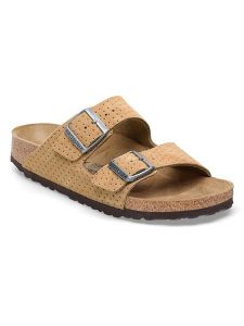 Birkenstock Skórzane klapki "Arizona" w kolorze beżowym rozmiar: 38. Brązowe klapki Birkenstock, bez wzorów, ze skóry, z otwartym noskiem, bez obcasa. Za 331,75 zł.