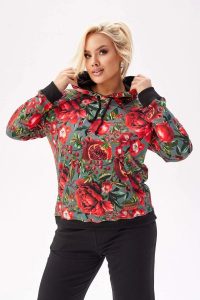 Dresowa bluza Karolina z kolorowym printem PLUS SIZE XXL. Brązowe bluzy Moda Size Plus Iwanek, plus size, z aplikacjami, z bawełny, z kapturem. Za 279,90 zł.