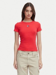 Tommy Jeans T-Shirt DW0DW17881 Czerwony Slim Fit. Czerwone t-shirty Tommy Jeans, xl, bez wzorów, z bawełny, bez kołnierzyka, bez ramiączek. Za 169,99 zł.