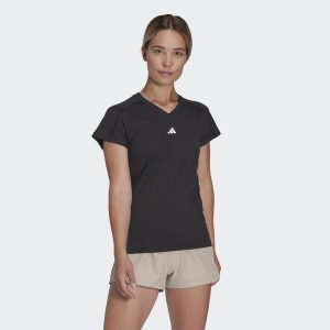 Koszulka AEROREADY Train Essentials Minimal Branding V-Neck. Czarne bluzki ADIDAS, s, bez wzorów, z materiału, sportowe, bez kołnierzyka, bez ramiączek. Za 109,00 zł.