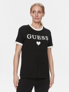 Guess T-Shirt Caryl V4RI04 K8FQ4 Czarny Regular Fit. Czarne t-shirty Guess, xxs, z aplikacjami, z bawełny, bez kołnierzyka, bez ramiączek. Za 169,99 zł.