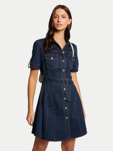 Morgan Sukienka jeansowa 241-RIXES Granatowy Regular Fit. Niebieskie kombinezony Morgan, bez wzorów, z bawełny, bez kołnierzyka, bez ramiączek. Za 239,99 zł.