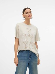 Vero Moda Koszulka "Ezra" w kolorze beżowym rozmiar: XS. Brązowe bluzki Vero Moda, xs, bez wzorów, z bawełny, bez kołnierzyka, bez ramiączek. Za 43,88 zł.