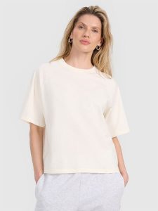 4F T-shirt oversize gładki damski - biały XXL. Białe t-shirty 4f, xs, bez wzorów, z bawełny, bez kołnierzyka, bez ramiączek. W wyprzedaży za 39,99 zł.