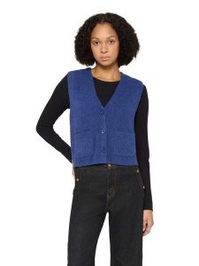 CARTOON Kamizelka dzianinowa w kolorze niebieskim rozmiar: 38. Niebieskie kamizelki Cartoon, bez wzorów, z dzianiny, bez kołnierzyka, bez ramiączek, bez kaptura. Za 130,99 zł.