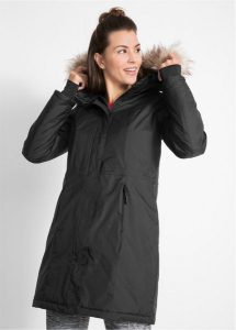 Ciepły płaszcz funkcjonalny outdoorowy ze sztucznym futerkiem. Czarne płaszcze bonprix, s, bez wzorów, z futra. Za 359,99 zł.