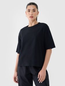 4F T-shirt regular z waflowej dzianiny damski - czarny L. Czarne t-shirty 4f, l, bez wzorów, z bawełny, bez kołnierzyka, bez ramiączek. W wyprzedaży za 49,99 zł.