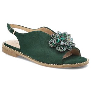 Zielone Sandały S.Barski Eleganckie Obuwie Damskie. Zielone sandały S.BARSKI, z aplikacjami, z zamszu, bez obcasa, na płaskiej podeszwie, bez zapięcia. Za 169,00 zł.