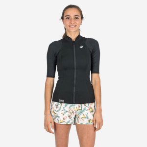 Top UV do snorkelingu damski Decathlon 100 Yulex 1,5 mm krótki rękaw. Czarne topy DECATHLON, m, bez wzorów, z kauczuku, sportowe, bez kołnierzyka, bez ramiączek. Za 119,99 zł.