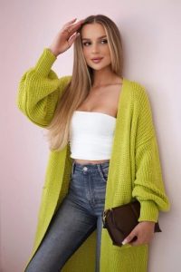 Sweter długi kardigan pistacjowy. Zielone długie swetry KESI, l, z włókna, bez kołnierzyka, plus size. Za 175,65 zł.