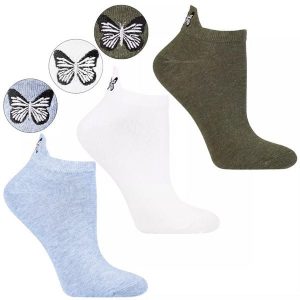 Skarpetki damskie Moraj, bawełniane niskie stopki z motylem na pięcie (3 pary), niebieskie-białe-szare, CSD240-107. Białe skarpetki Moraj, bez wzorów, z bawełny. Za 29,99 zł.