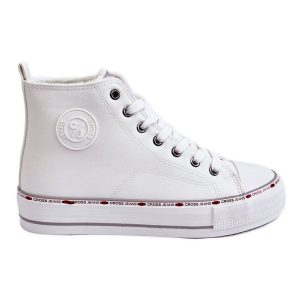 Damskie Wysokie Trampki Cross Jeans KK2R4044C Białe. Białe trampki bez wzorów, z jeansu, bez zapięcia. Za 182,49 zł.