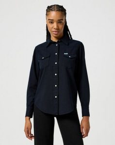 WRANGLER DAMSKA KOSZULA JEANSOWE JEANS DENIM HERITAGE SHIRT BLACK 112357527 W522018484. Czarne koszule Wrangler, xs, bez wzorów, z denimu, bez kołnierzyka, bez ramiączek. Za 199,99 zł.