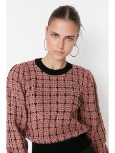 Trendyol Sweter w kolorze jasnobrązowo-czarnym rozmiar: L. Brązowe swetry oversize Trendyol, l, bez wzorów, ze splotem, bez ramiączek. Za 73,99 zł.