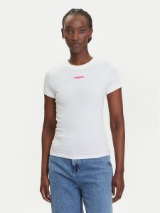 Tommy Jeans T-Shirt Script Label DW0DW21402 Biały Slim Fit. Białe t-shirty Tommy Jeans, xl, bez wzorów, z bawełny, bez kołnierzyka, bez ramiączek. Za 109,99 zł.
