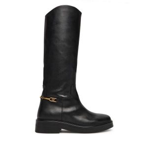 Oficerki Tommy Hilfiger. Czarne kozaki TOMMY HILFIGER, bez wzorów, bez obcasa, na płaskiej podeszwie, bez zapięcia. Za 779,99 zł.