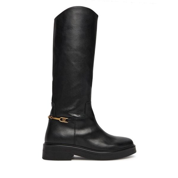 Oficerki Tommy Hilfiger. Czarne kozaki TOMMY HILFIGER, bez wzorów, bez obcasa, na płaskiej podeszwie, bez zapięcia. Za 779,99 zł.