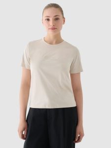 4F T-shirt regular z nadrukiem damski - beżowy XXL. Brązowe t-shirty 4f, xs, bez wzorów, z bawełny, bez kołnierzyka, bez ramiączek. W wyprzedaży za 29,99 zł.