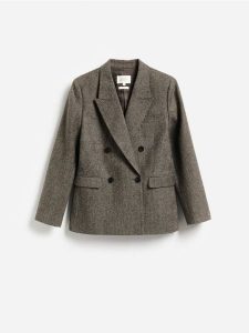 Dwurzędowa marynarka z wełną - ciemnobrązowy. Brązowe marynarki i żakiety Reserved, l, bez wzorów, z tkaniny. Za 459,99 zł.