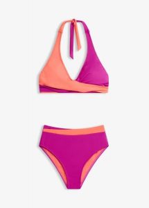 Bikini w stylu kopertowym z ramiączkami łączonymi na szyi (komplet 2-cz.). Fioletowe bikini bonprix, bez wzorów. Za 117,99 zł.