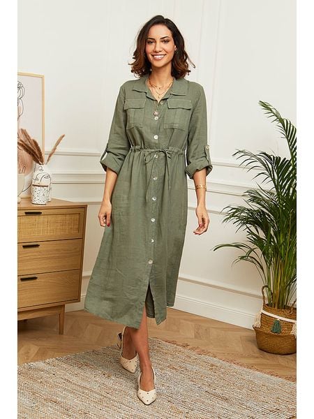 Le Monde du Lin Lniana sukienka w kolorze oliwkowym rozmiar: 38/40. Brązowe sukienki Le Monde du Lin, bez wzorów, ze lnu, klasyczne, bez kołnierzyka, bez ramiączek, maxi, rozkloszowane. Za 174,43 zł.