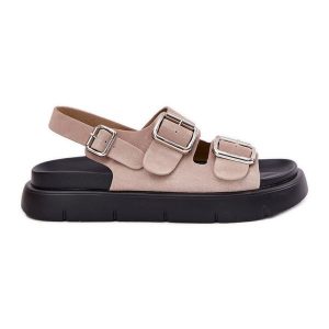 Zamszowe Sandały Damskie Z Klamrami Big Star RR274663 Jasnoróżowe. Czerwone sandały bez wzorów, z zamszu, bez obcasa, na platformie, bez zapięcia. Za 318,95 zł.