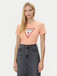 Guess T-Shirt W1YI1B I3Z14 Koralowy Regular Fit. Pomarańczowe t-shirty Guess, xs, z aplikacjami, z bawełny, bez kołnierzyka, bez ramiączek. Za 79,99 zł.