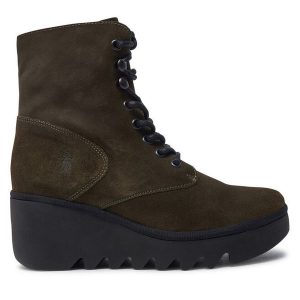 Botki Fly London. Zielone botki Fly London, bez wzorów, bez obcasa, na słupku, bez zapięcia. Za 489,99 zł.