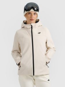 4F Kurtka narciarska membrana 5000 damska - beżowa L. Brązowe kurtki 4f, na zimę, l, bez wzorów, z materiału, bez kaptura. Za 349,99 zł.