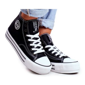 Trampki Damskie Big Star Czarne GG274012. Czarne trampki bez wzorów, z materiału, bez zapięcia. Za 227,30 zł.