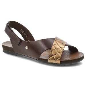 Sandały damskie Armodo, cholewka ze skóry naturalnej z kontrastowym plecionym paskiem o metalicznym wykończeniu, brązowe, 40141. Brązowe sandały Armodo, bez wzorów, ze skóry, bez obcasa, bez zapięcia. Za 299,00 zł.