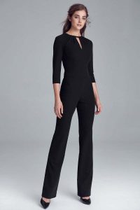 Czarny Elegancki Kombinezon z Łezką przy Dekolcie. Czarne kombinezony Nife, xl, bez wzorów, z elastanu, eleganckie, bez kołnierzyka, bez ramiączek. Za 235,90 zł.