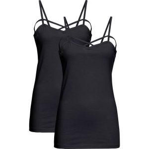 Top na wąskich ramiączkach z mieszanki bawełny (2 szt.). Czarne topy bonprix, bez wzorów, z bawełny, bez kołnierzyka, bez ramiączek. Za 69,99 zł.