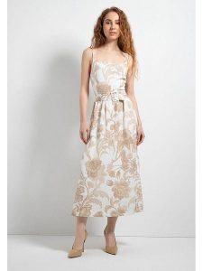 More & More Sukienka w kolorze biało-karmelowym rozmiar: 36. Białe sukienki More & More, bez wzorów, z tkaniny, bez kołnierzyka, bez ramiączek, maxi. Za 202,98 zł.