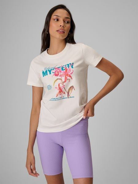 4F T-shirt regular z nadrukiem damski - biały XS. Białe t-shirty 4f, xs, bez wzorów, z bawełny, bez kołnierzyka, bez ramiączek. W wyprzedaży za 39,99 zł.