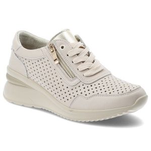 Sneakersy damskie Vinceza, ze skóry naturalnej licowej ażurowa cholewka zamek i sznurowanie lekka podeszwa, 95402, beżowe. Brązowe czółenka VINCEZA, w ażurowe wzory, z materiału, bez obcasa, na koturnie, bez zapięcia. Za 170,90 zł.