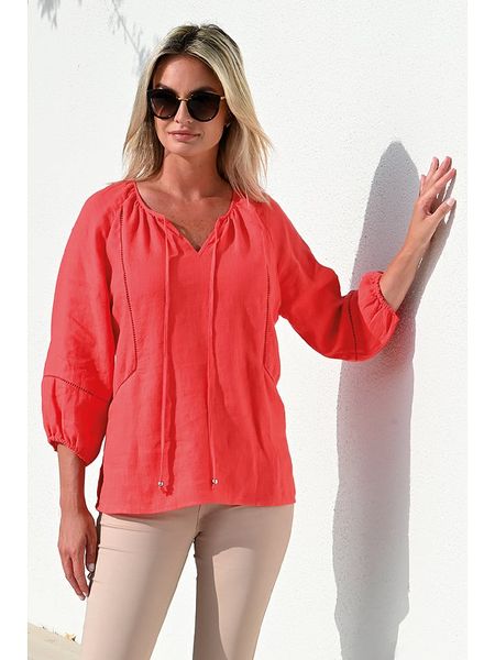 Bleu d'Azur Lniana bluzka "Shanti" w kolorze koralowym rozmiar: 40/42. Czerwone bluzki Bleu d'Azur, w ażurowe wzory, ze lnu, klasyczne, bez kołnierzyka, bez ramiączek. Za 82,83 zł.