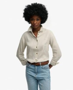Superdry Premium lniana koszula boyfriend – 100% len, Light Stone Beige. Brązowe koszule Superdry, bez wzorów, ze lnu, bez kołnierzyka, bez ramiączek. Za 387,20 zł.