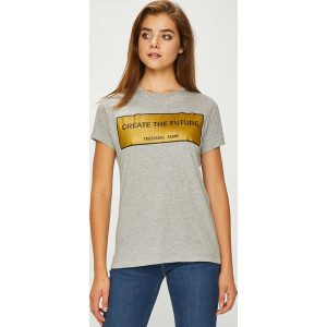 Trussardi Jeans - Top. Szare t-shirty marki Trussardi Jeans, z nadrukiem, z bawełny, z okrągłym kołnierzem, z krótkim rękawem. W wyprzedaży za 149,90 zł.