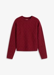 Sweter ze wzorem warkoczowym. Fioletowe swetry klasyczne bonprix, bez kołnierzyka. Za 149,99 zł.